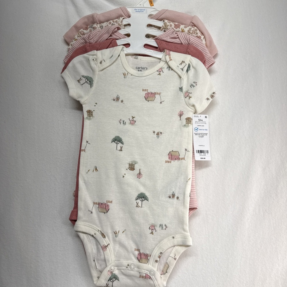 Carter's 5 Pack Short Sleeve Bodysuits Snap Closure 12 months 5 Colors w/Hanger